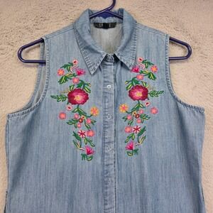 Vintage Spence Maxi Dress Womens S Blue Floral Embroidered Chambray Denim Modest